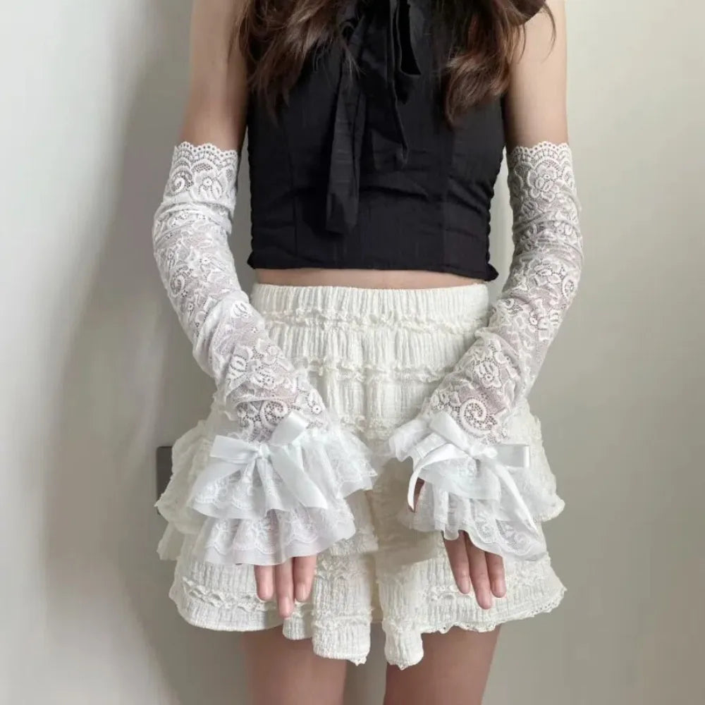 Sweet Lace Bowknot Womens Sleeve Y2K Hollow Out Bridal Wrist Gloves Sun Protection Lace Fingerless Gloves Quake