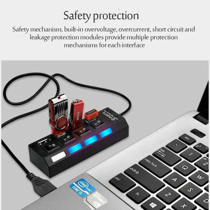 USB 2.0 Hub Multi USB Splitter Hub Use Power Adapter 4/7 Port Multiple Expander USB Hub with Switch 30CM Cable Quake