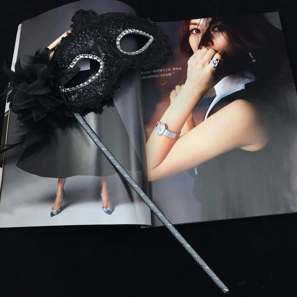 Stick Side Feather Flower Handheld Masquerade Masks Festival Costume Party With Holding Stick Translucent Half Face Mask Feather Quake Black