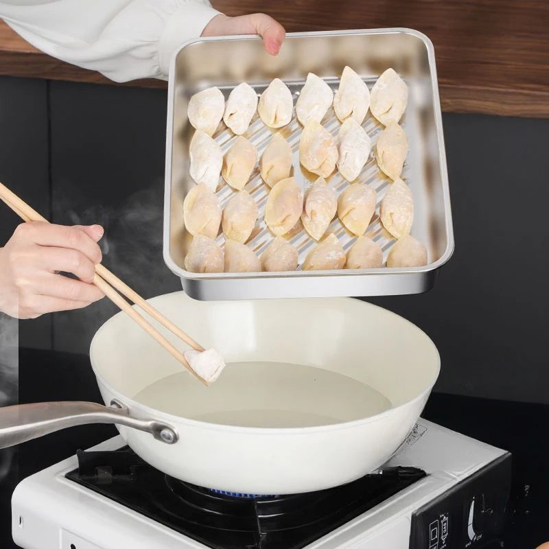 1pc/3pc Stainless Steel with Cover Dumplings Tray Fresh-keeping Dish Rectangular Picnic Barbecue Multi-functional Storage Tray Quake