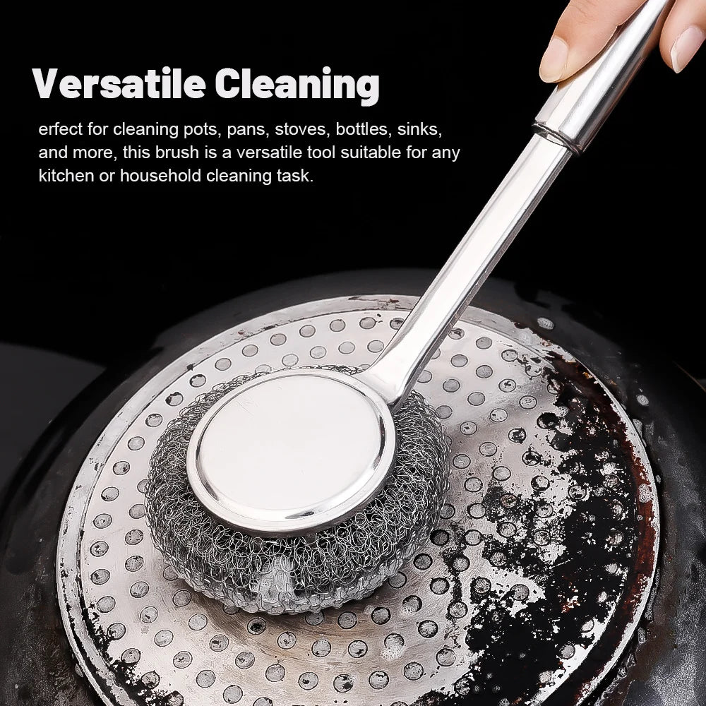 Steel Wire Ball Pot Brush Kitchen Pan Dishes Cleaning Brush Long Handle Metal Wool Scourer Strong Decontamination Cleaning Brush Quake