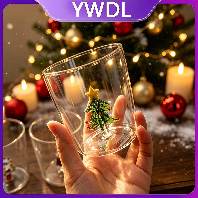 YWDL Christmas Glass Cup 300ml 3D Handmade Glass Figurine Inside Borosilicate Tumbler Xmas Tree Santa Drinking Gift Home Decor Quake