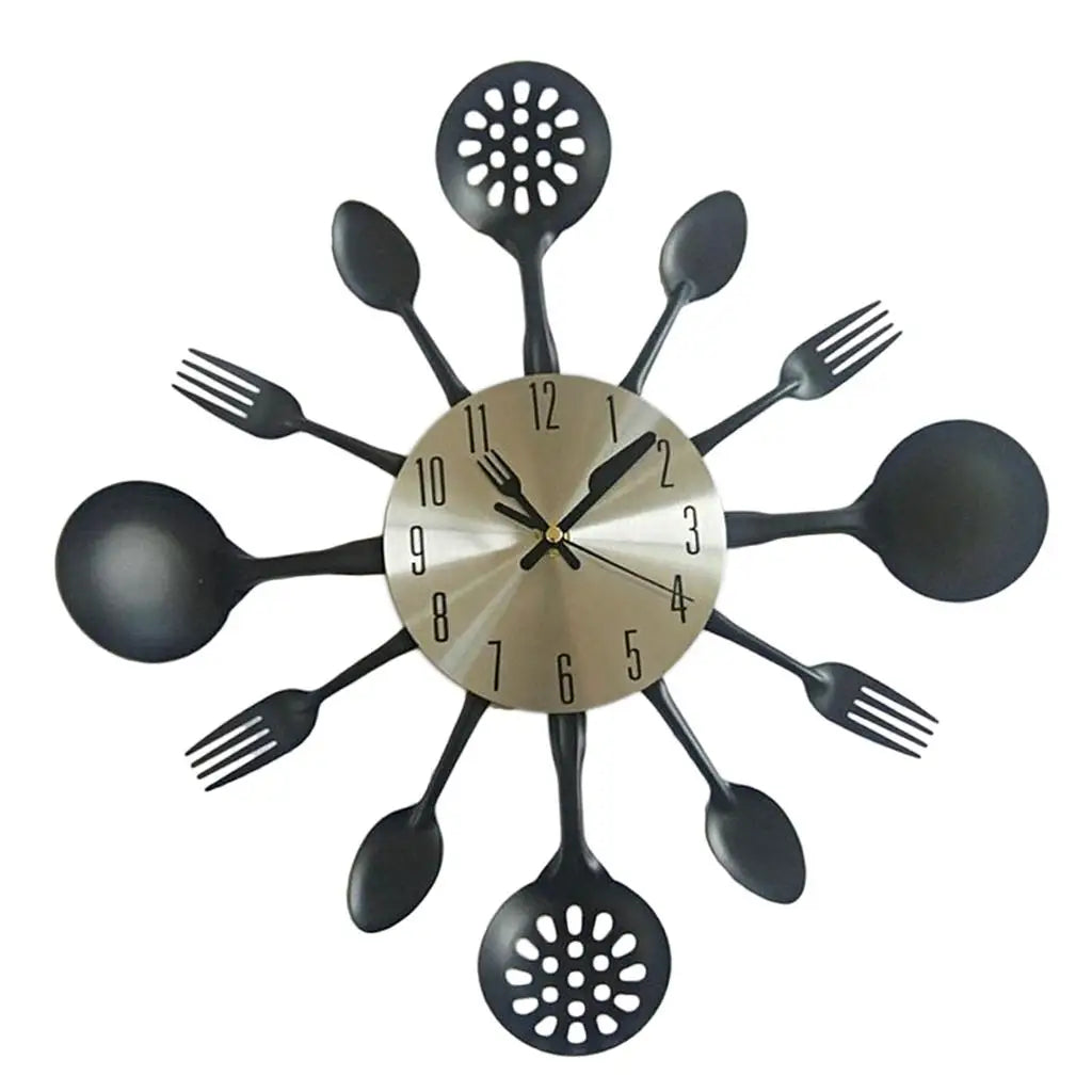 Kitchen Utensil Wall Clock Cutlery Spoon Fork Home Decor Metal Quake Black