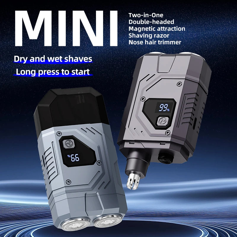 Magnetic Double Blade Electric Shaver for Men Mecha Punk Style Rechargeable LCD Quake