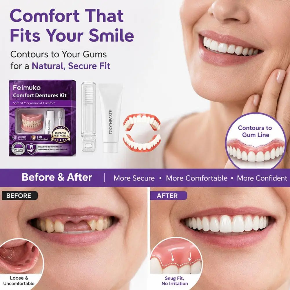New Instant Smile Moldable Silicone Denture Kit, Natural Ivory Upper & Lower False Teeth With Toothbrush & Toothpaste Quake