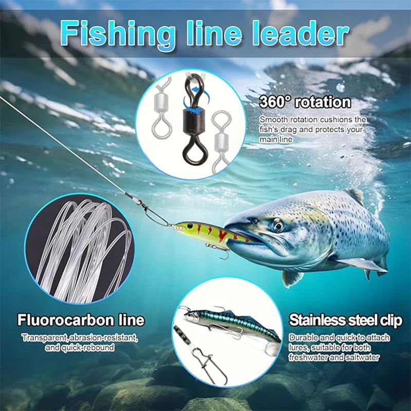 10pcs/20pcs Fluorocarbon Fishing Line, 6.5kg–17.5kg Breaking Strength Salmon Rig with Swivel Ring and Quick-Release Clip, High-S Quake