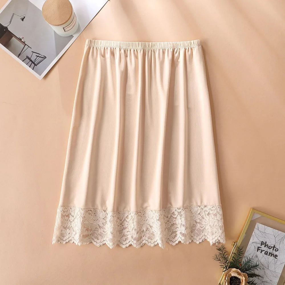 Thin Ice Silk Modal Female Half Length Skirt Anti-glare Lace Underskirt Anti-Penetrating Pure Color Half Slip Dress Petticoat Quake Beige 50cm M