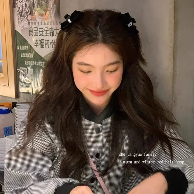 Sweet Cute Velvet Bow Hair Clip Forehead Bangs Side Clip Korean Fashion Small Hair Side Clip Black Red Pearl Headdress Wholesale Quake