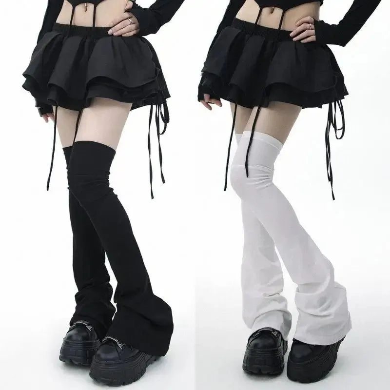 1 Pair Y2K Black White Gothic Lolita Over Knee High Socks Leg Stockings & Horn Shaped Cuffs Leg Warmers Quake