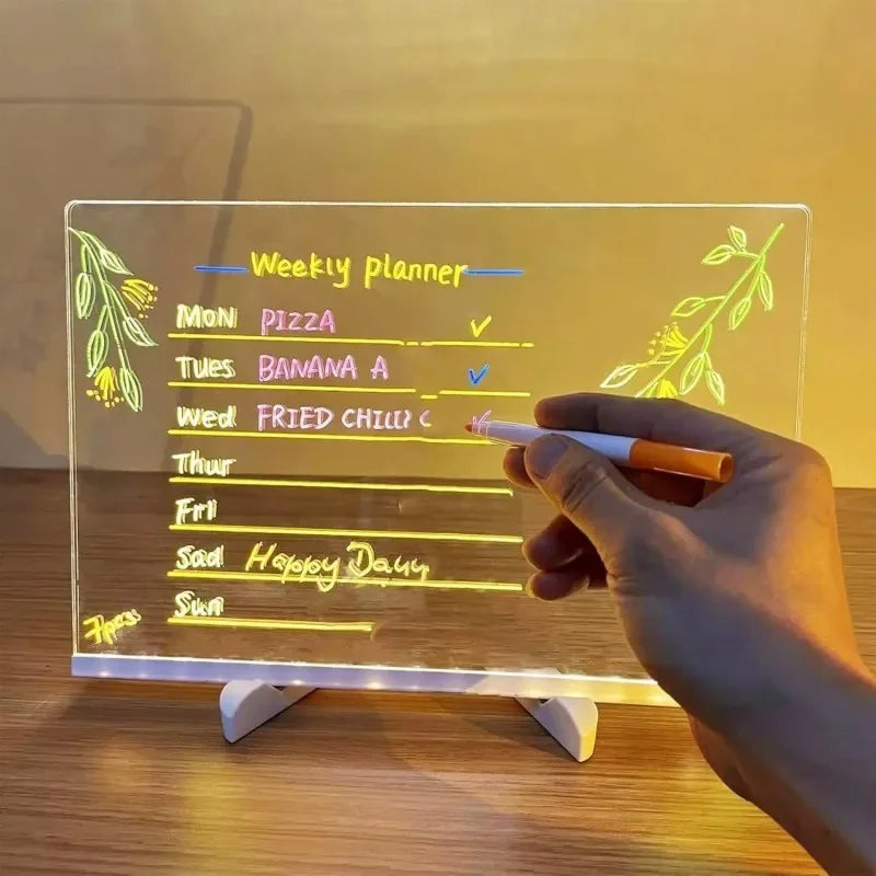 Light Up Acrylic Message Board Rewritable DIY Children's Glowing Drawing Board Message Lamp With 7 Colorful Pens Quake