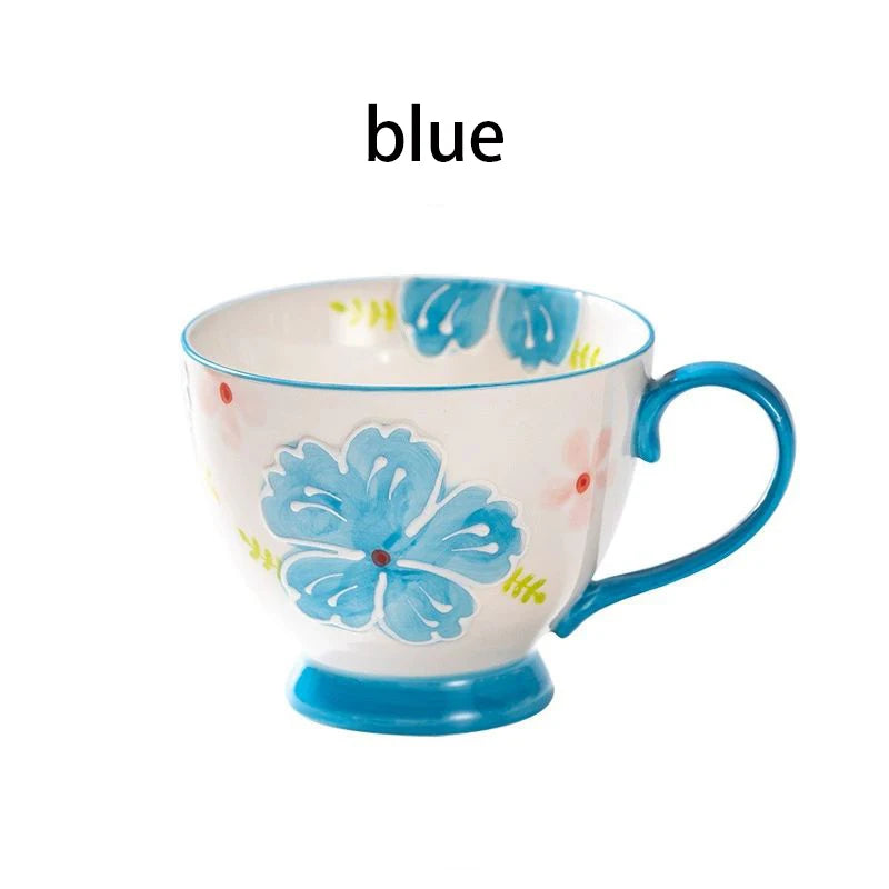1pcs Flower Ceramic Mug Heat-resistant Breakfast Milk Oat Cup Hand Drawn Large Capacity Juice Handle Cup Microwave Safe 450ml Quake blue 450ml