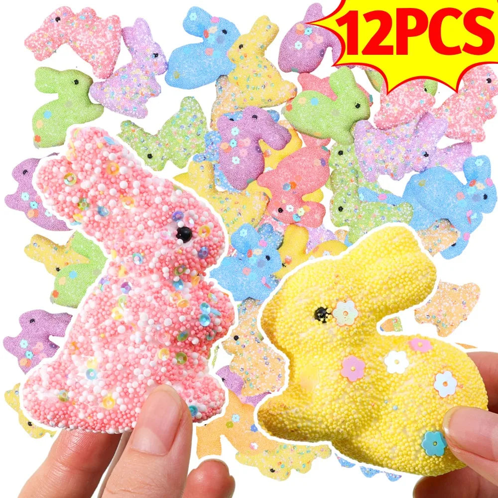 12/6PCS Easter Colorful Foam Sequins Rabbit Mini Bunny Ornament DIY Festive Home Party Decor Happy Easter Decoration Supplies Quake