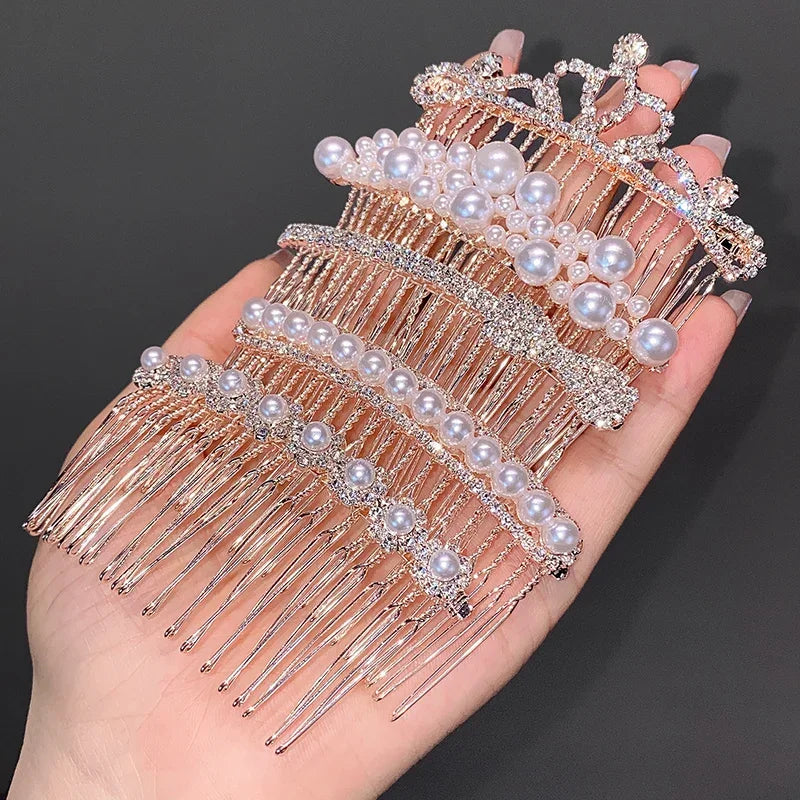 Women Rhinestone Pearl Comb Clip Hair Accessories Bangs Clip Back Head Headdress Broken Hair Finishing Tools Hair Clip Hairpins Quake