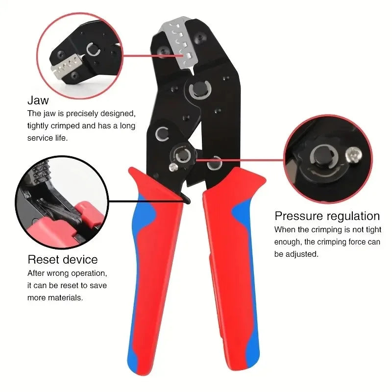 SN-58B Ratchet Crimper Tool for 0.25-1.5mm² AWG (24-16) - Compatible with Dupont, TE, JST, Molex Connectors - Black & Red Handle Quake