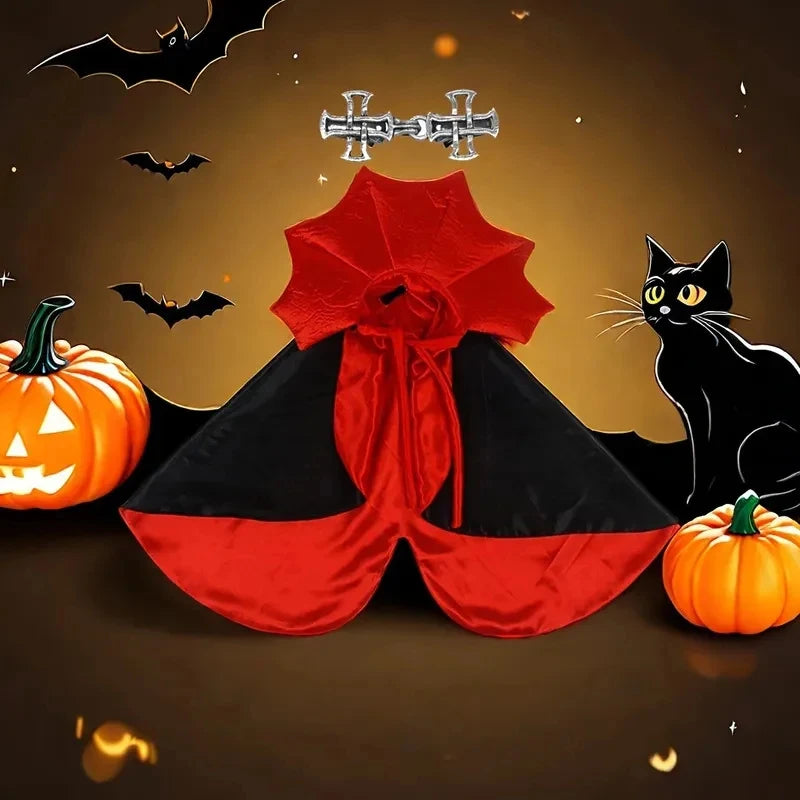 Spooky Vampire Halloween Costume for Cats, Cloak & Hat Set, Pet Party Festival Cosplay Apparel Quake