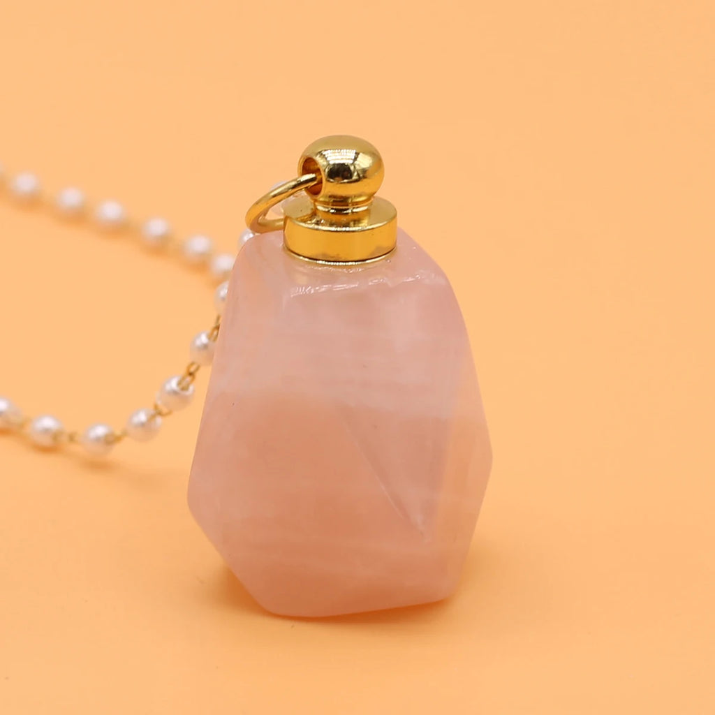 Perfume Bottle Necklace Natural Stone Rose Quartz Perfume Bottle Faceted Pendant For Women Christmas Halloween Gift Chain 80cm Quake