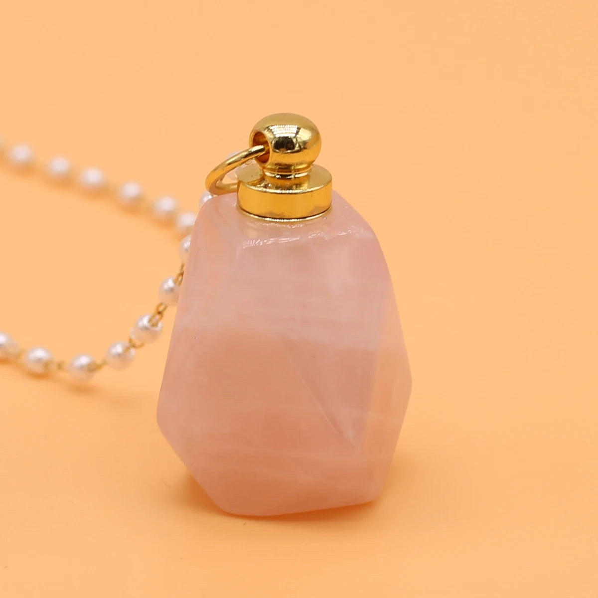 Perfume Bottle Necklace Natural Stone Rose Quartz Perfume Bottle Faceted Pendant For Women Christmas Halloween Gift Chain 80cm Quake