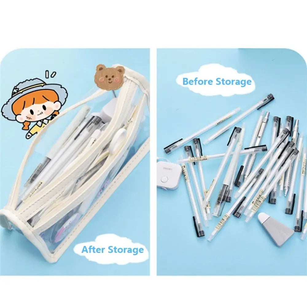Double-Layer Large Capacity Pen Bag Student Transparent Waterproof Stationery Bag Portable Pencil Case Stationery Organizer Quake