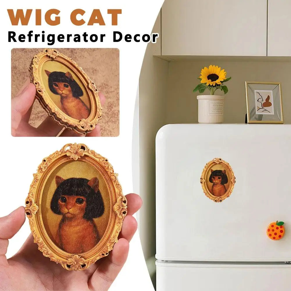 Vintage Wood Oval Photo Frame Fridge Magnet Lovely Wig Cat Pattern Refrigerator Magnetic Sticker Home Kitchen Decoration Quake