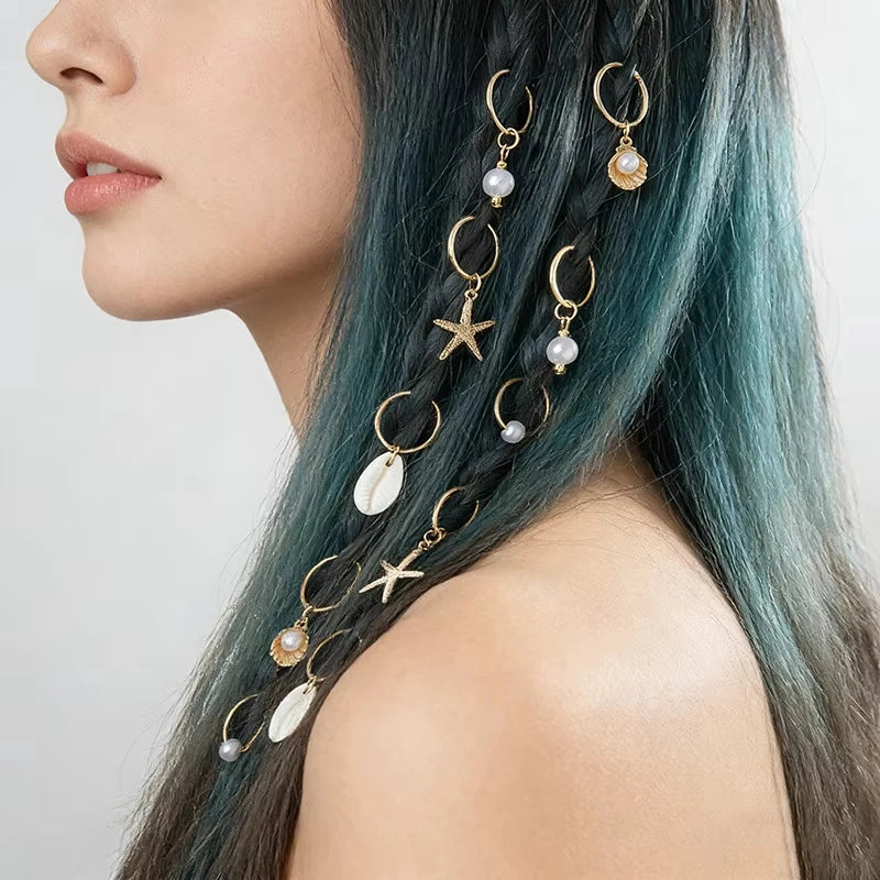 10PCS/Bohemian Resort Wind Alloy Starfish Headgear Shell Pearl Hair Accessories Multi-piece Set Ring Ladies Hair Band Quake