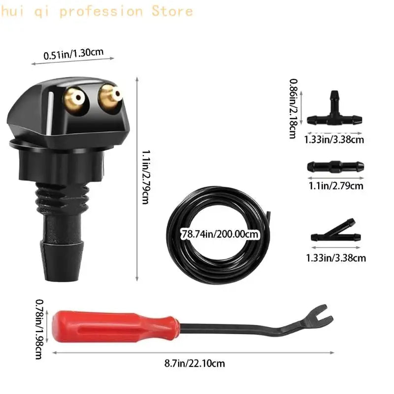 Car Windshield Washer Nozzle for Washer System Maintenance, Two-Outlet Adjustable Washer Nozzles with Hose Fittings and Install Quake