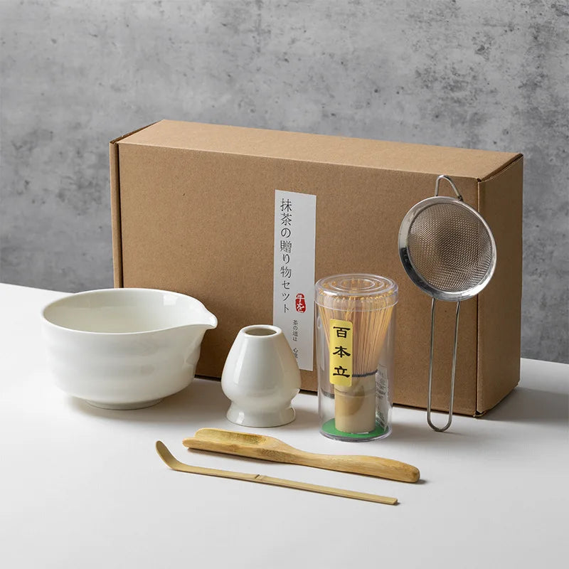 YWDL 6pcs Japanese Matcha Tea Set Ceramic Bowl with Spout 100 Prongs Bamboo Whisk Chasen Holder Sifter Sage Green Gift Box Quake white Six-piece Set