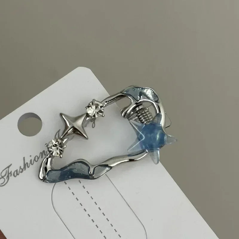 Y2K Blue Silver Alloy Hair Clip Korean Simple Girls Blue Rhinestone Star Metal Duckbill Clip Bangs Side Clip Hair Accessories Quake sd