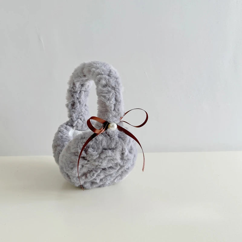 1pc Winter Warm Sun Pearl Bow Plush Earrings Female Students Windproof Ear Protection Warm Earrings Quake grey
