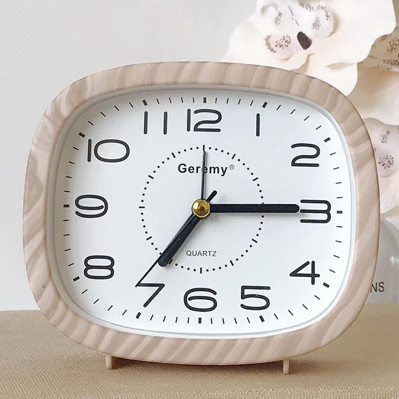 Simple retro imitation wood grain alarm clock - home desktop square clock ornament - student large digit bedside clock Quake B