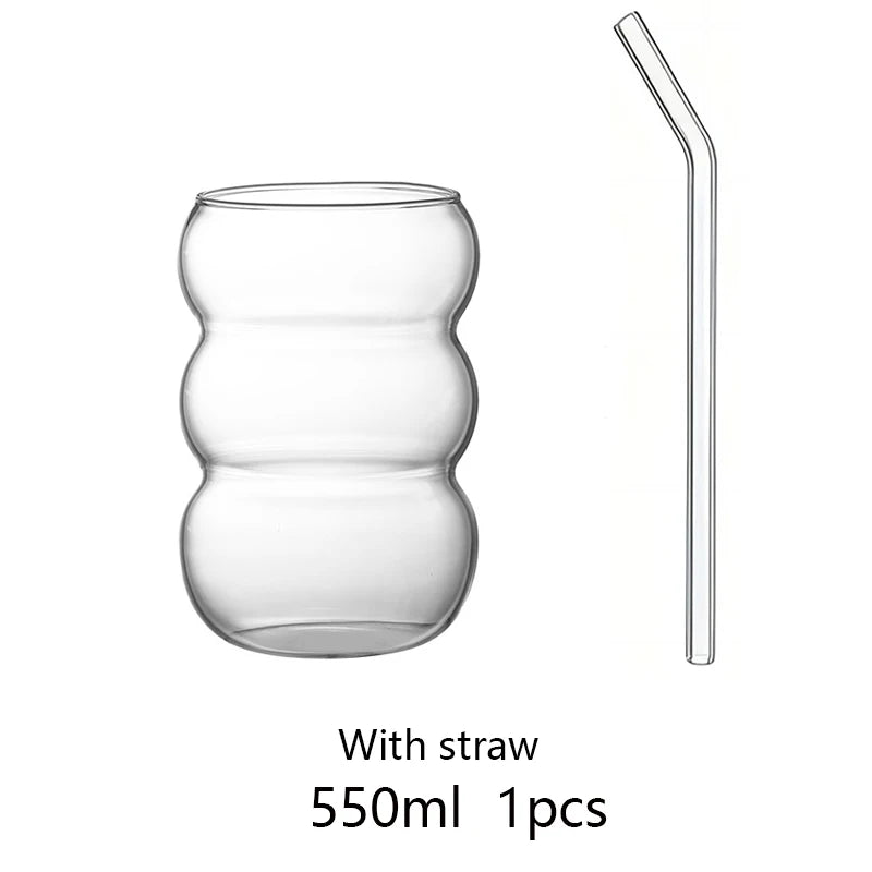 YWDL 350/550ml Transparent Glass Cup Cold Coffee Cup With Straw Dessert Juice Milk Drinkware Mug Party Cocktail Glasses Teacup Quake 550ml with straw 350-550ml