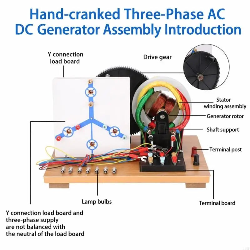 Manual Turn Physics Generator Demonstrator for Lab Teaching, Three Phase AC D C and Direct Current Model with Circuit Panel K1KF Quake