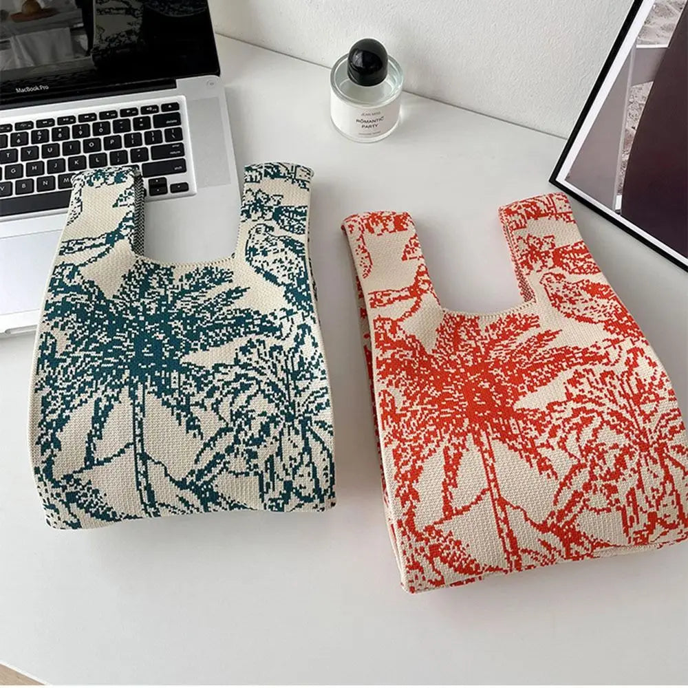 Handmade Mini Knit Handbag for Women Small Knot Wrist Bag Casual Colorful Plaid Tote Bag Girls Reusable Shopping Bags Quake