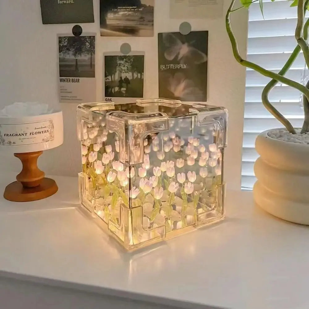 Excluding Gift Bags Tulip Night Light Acrylic 21 Flowers Tulips Flower Table Lamp Magic Cube Handmade DIY Mirror Light Quake