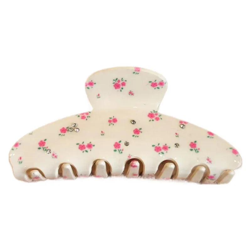Acrylic Cherry Rose Print Hair Claw Sweet Rhinestone Women Girls Shark Clip Hair Crab Clip for Women Girls Elegant Accessories Quake
