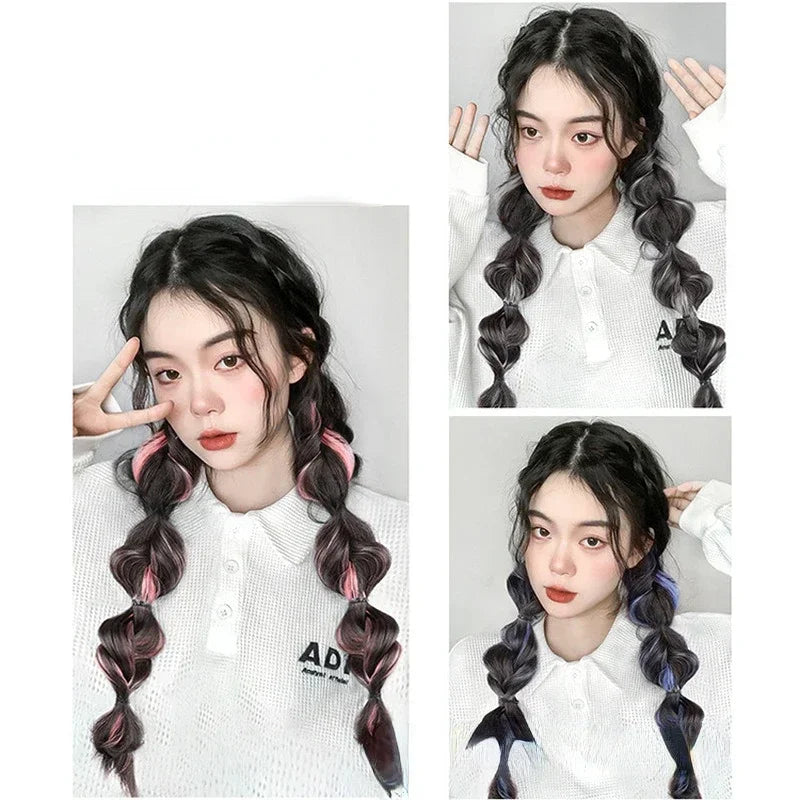 2 Pcs/set Synthetic Bubble Twist Ponytail High Elastic Wig Women Hair Side Natural Lantern Wig Braid Black Hous Tail Hairpiece Quake