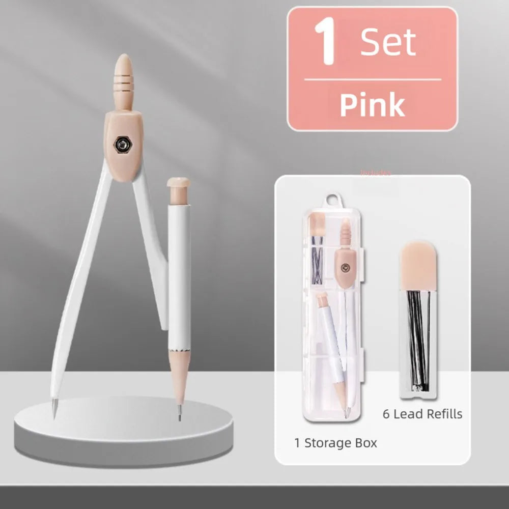8PCS/Set High Quality Plastic Ruler Compasses Set Eraser Transparent Protractor Set Square Straight Ruler Drawing Tool Students Quake Pink Compass Set