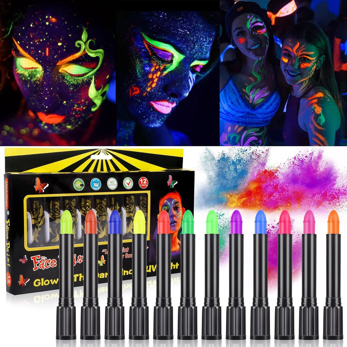 6Pcs UV Neon Face Painting Kit,Glow in the Dark Under UV Lights,Black Light Glow Makeup Kit,Washable Water Soluble Face Painting Quake 2