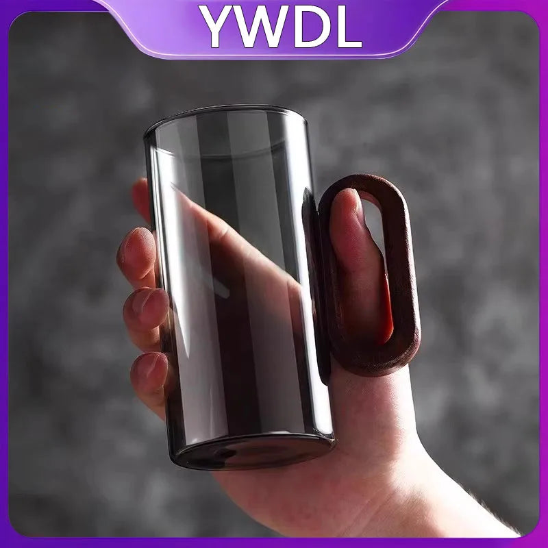 YWDL 360ml High Borosilicate Glass Tea Cup Heat-Resistant with Wooden Handle for Household Drinking Coffee Mug for Breakfast Quake