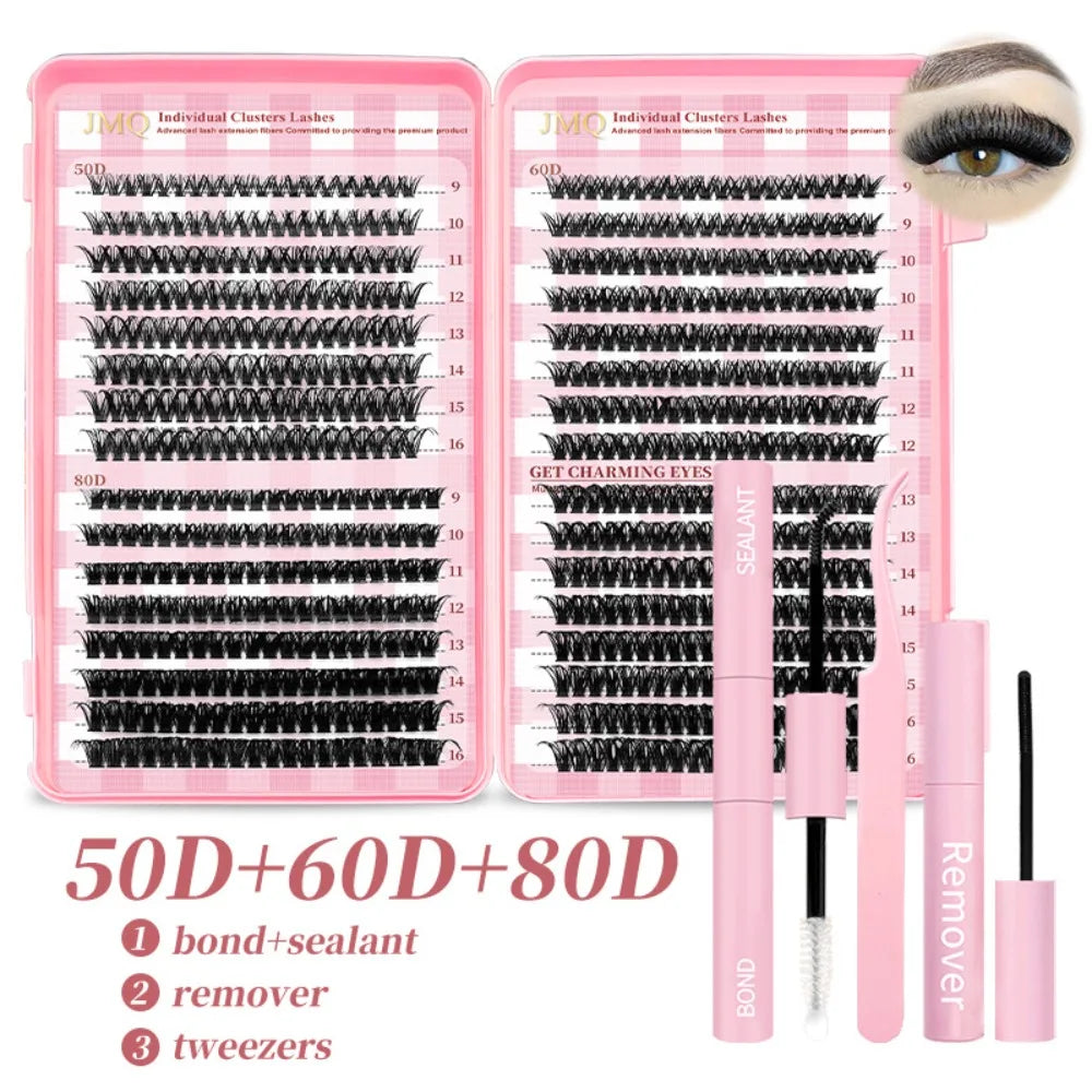 9-16mm Length False Eyelashes Natural Look Wispy Style DIY Lash Extension Kit Fluffy Clusters Volume Fans Fake Eyelash Quake 50D-80D -with tools-