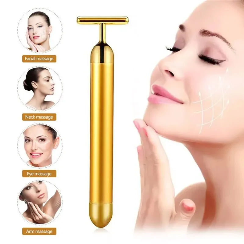 24K Electric Face-Lifting Rose Gold Stick T-Shaped Tacial Massager Skin Tightening Electric Beauty Instrument Quake