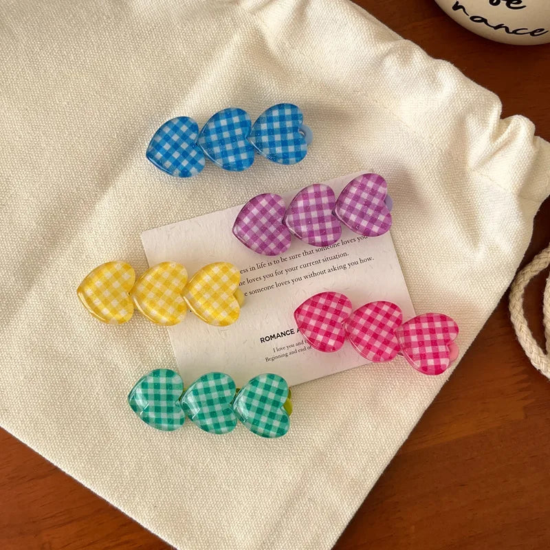 Solid Color Heart Plaid Hair Clip for Girls Sweet Hair Decorate Kawaii Hairpin Hairgrip Barrettes Kids Lovely Hair Accessories Quake