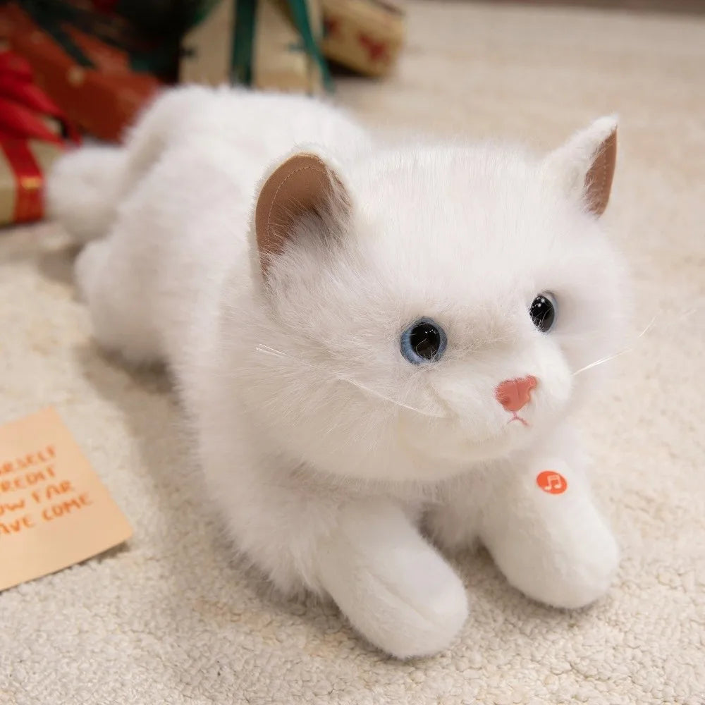 New Soft Simulation Cat Plush Toys Fluffy Voiced Ragdoll Cat Plush Doll Cute Cartoon With Bib Simulated Kitten Model Home Decor Quake White