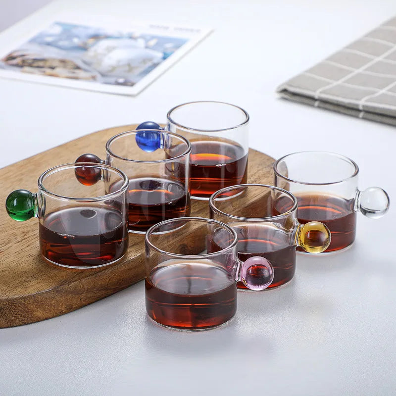 6pcs Espresso Cups with Ball Handle Mini Coffee Cups Heat Resistant Teacup Glass Drinking Mug Drinkware 100ml/3.38oz Quake