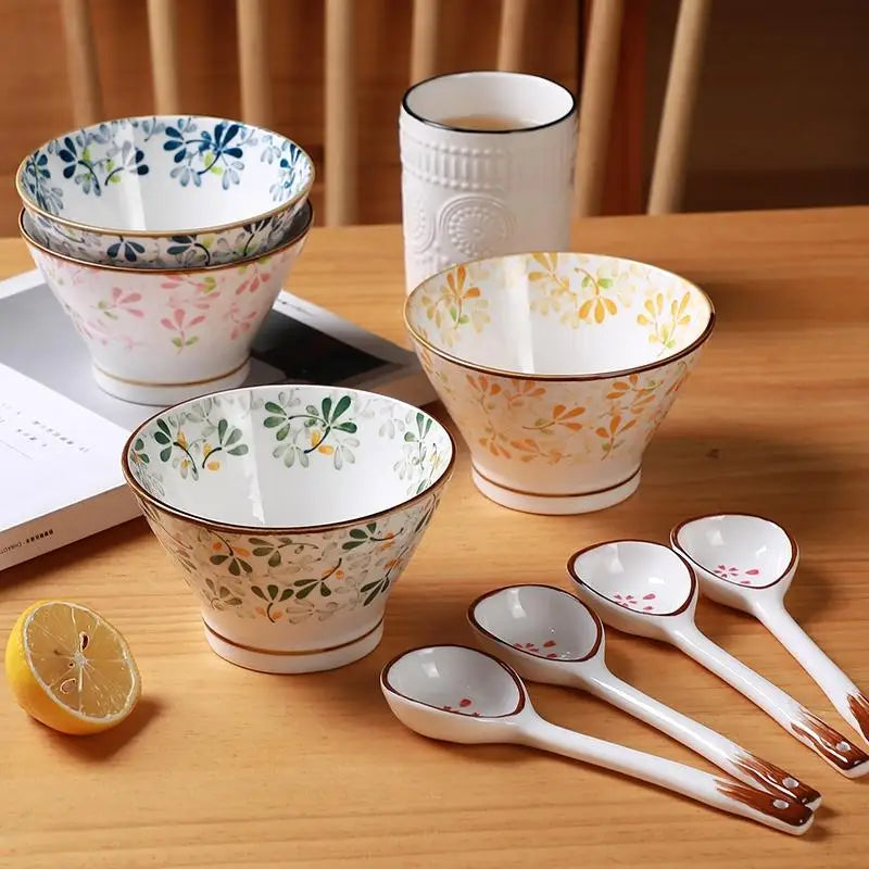 5 Inch Colorful Floral Ceramic Cone Bowls Vintage Japanese Porcelain Rice Soup Bowl Oven Microwave Safe Household Tableware Quake