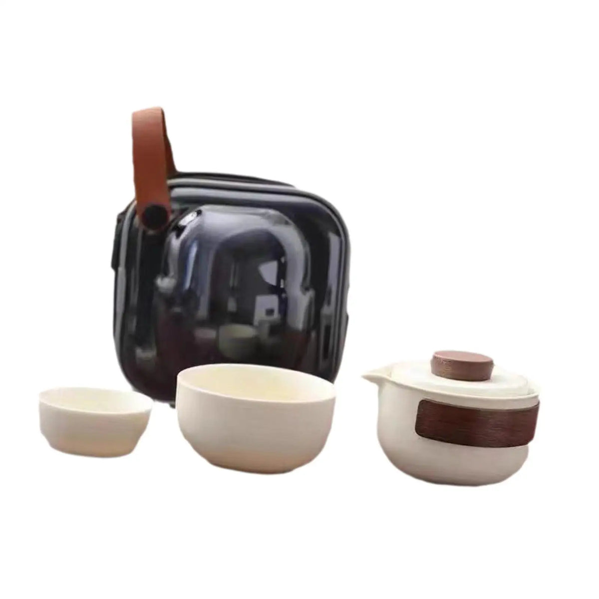 Portable Tea Set with Case Teacups Ceramics Kung Fu Tea Set Convenient Teaware Handmade Tea Pot with Case for Business Travel Quake Two Teacups Set