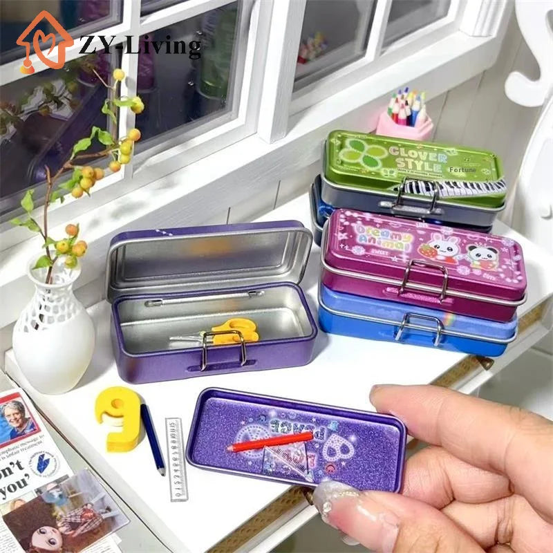 Dollhouse Miniature Double Layer Iron Pencil Box Pen Ruler Measuring Tape Scissors Model Micro Landscape Decor Pretend Play Toy Quake