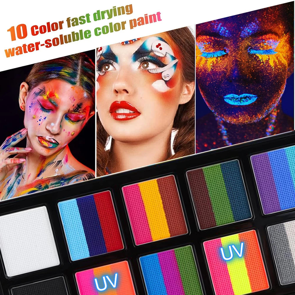 Body Face Painting Kit for Kids Adults,10 Color Face Makeup Palette with Brush,Halloween Carnival Artist Cosplay Art Party Quake