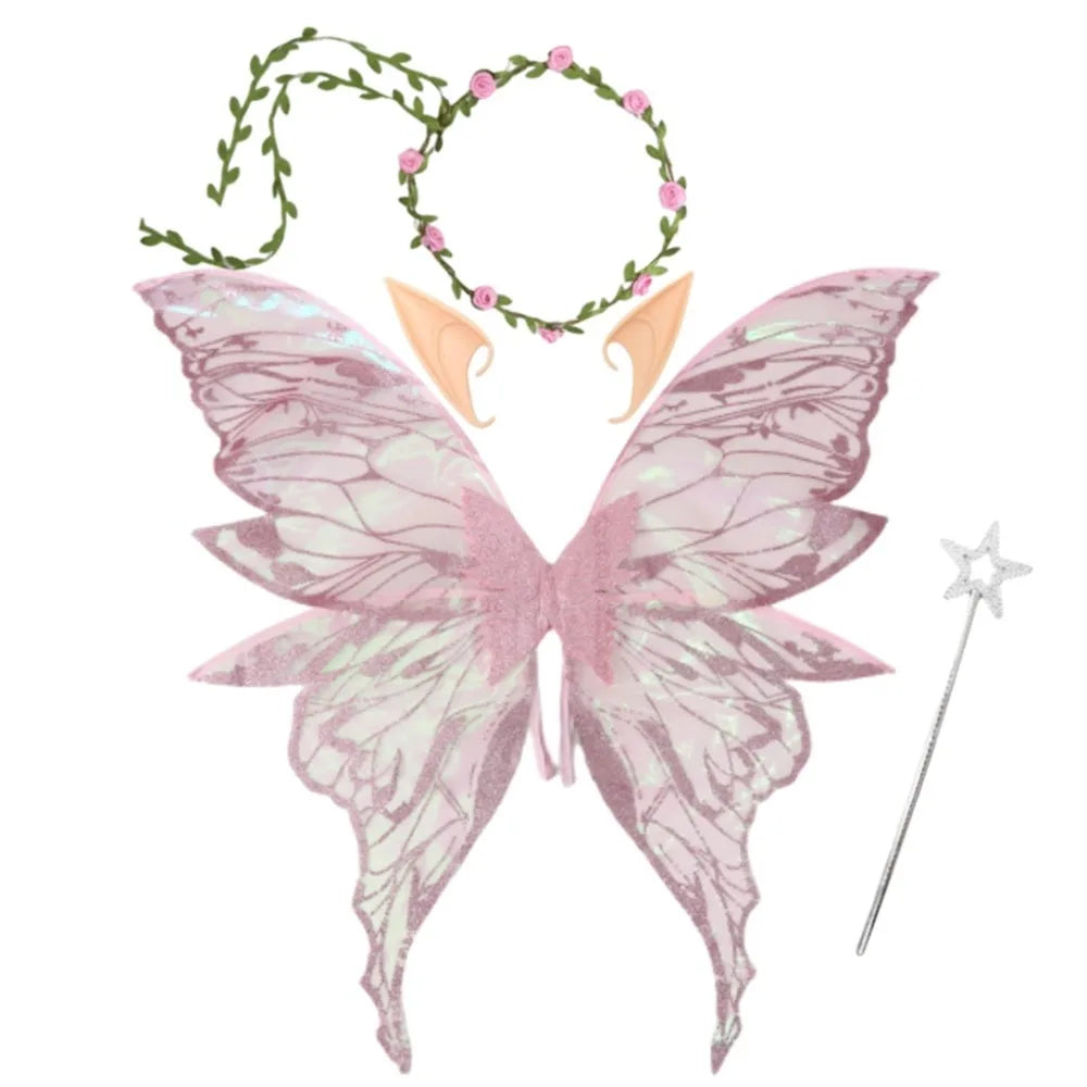 Flower Crown Fairy Costume Set Star Wand Gold Foil Fairy Butterfly Wings Dress-Up Elf Ears Sparkling Angel Wings for Kids Adults Quake Pink