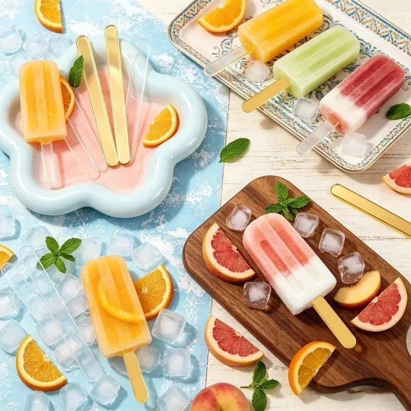 Reusable Clear Ice Cream Sticks Gold Acrylic Popsicle Sticks Cake Candy Desserts Tool for Wedding Party Decor Kitchen Supplies Quake