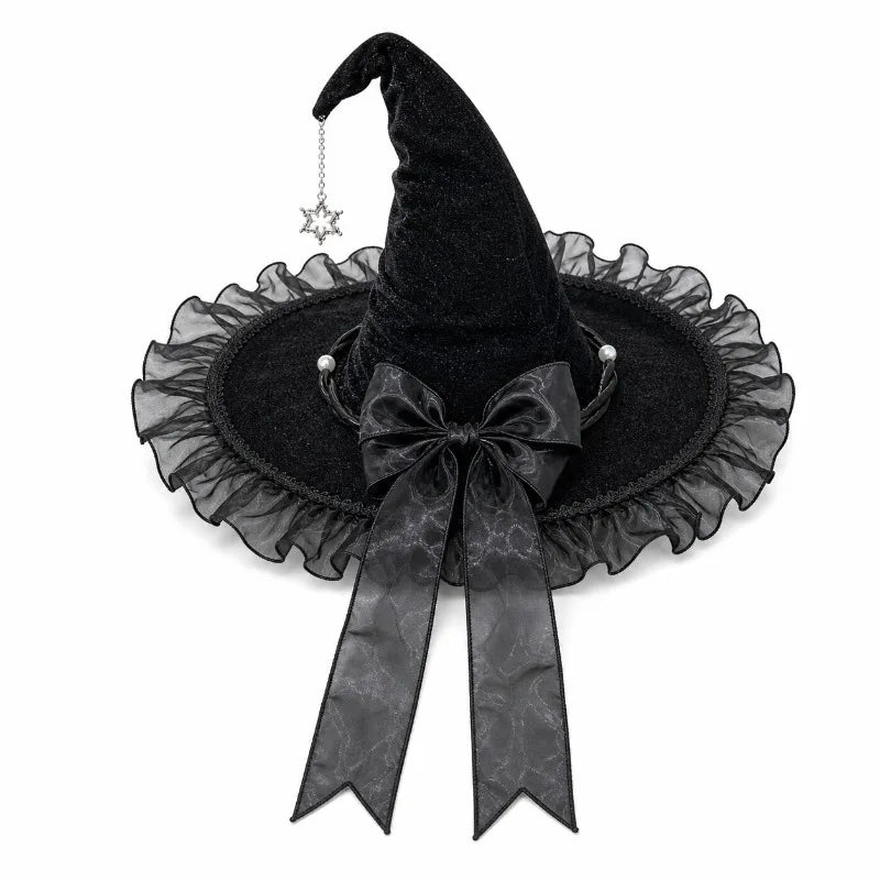 Halloween Witch Wizard Party Hat Black Purple Bow Gothic Lolita Cosplay Costume Headwear for Festival Party Decoration Quake black